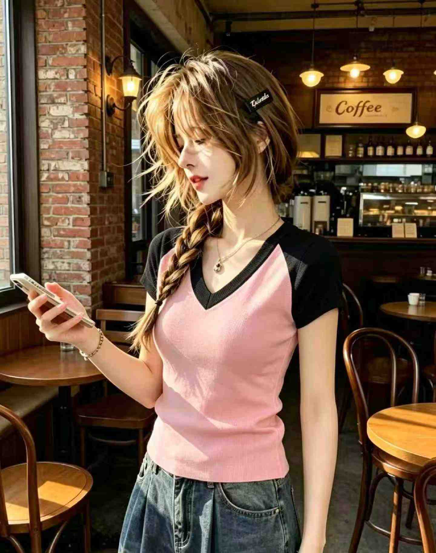 Áo thun dệt kim ôm dáng cổ V lụa đá tay raglan tương phản mùa hè, 435 chiếc - Image 7
