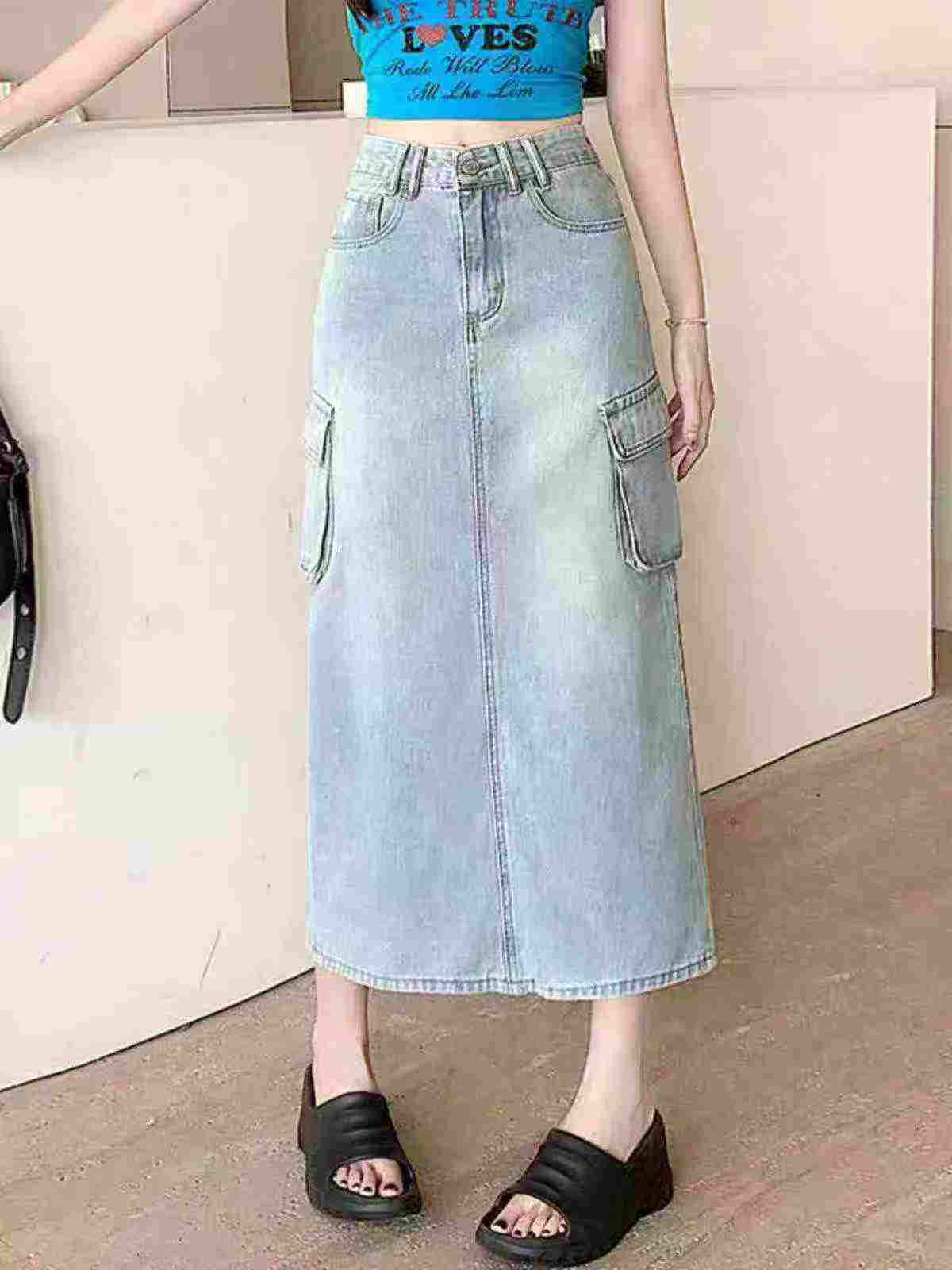 348 Pcs Women's Elastic Vintage Cargo Denim Long Split Skirt - Image 2
