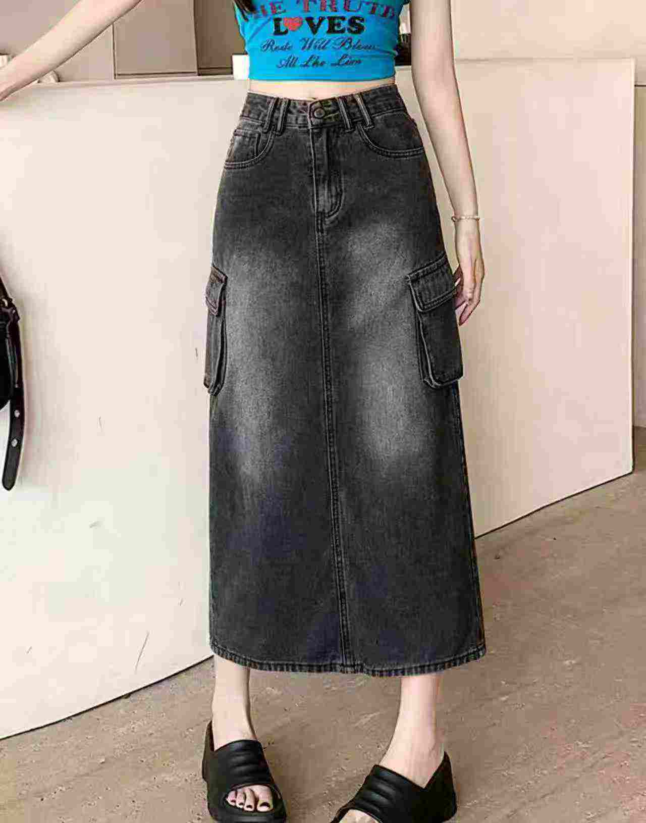 348 Pcs Women's Elastic Vintage Cargo Denim Long Split Skirt - Image 4
