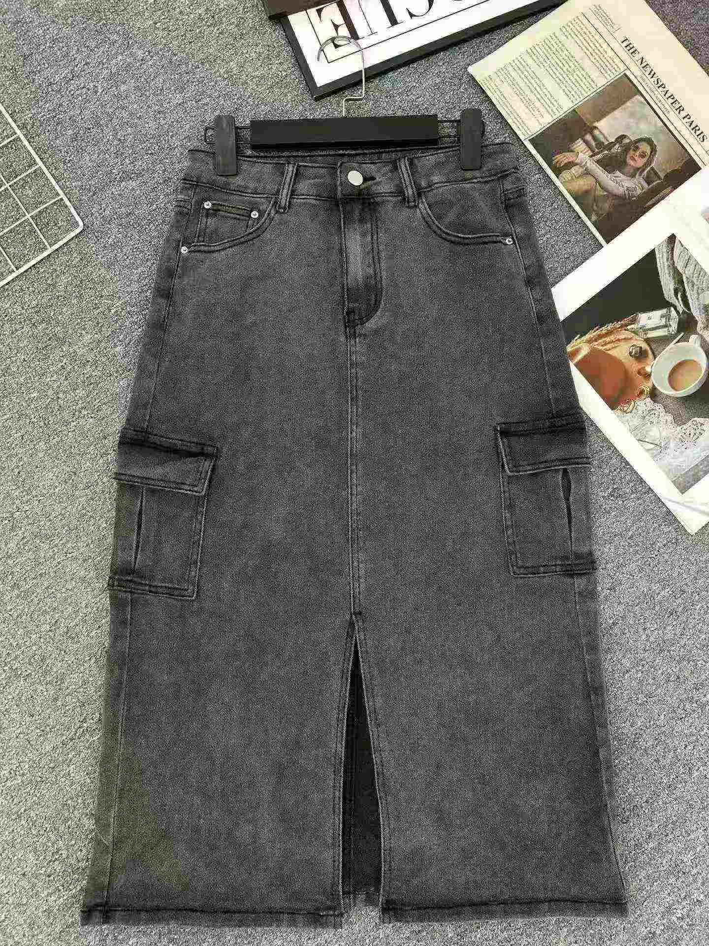 348 Pcs Women's Elastic Vintage Cargo Denim Long Split Skirt - Image 5