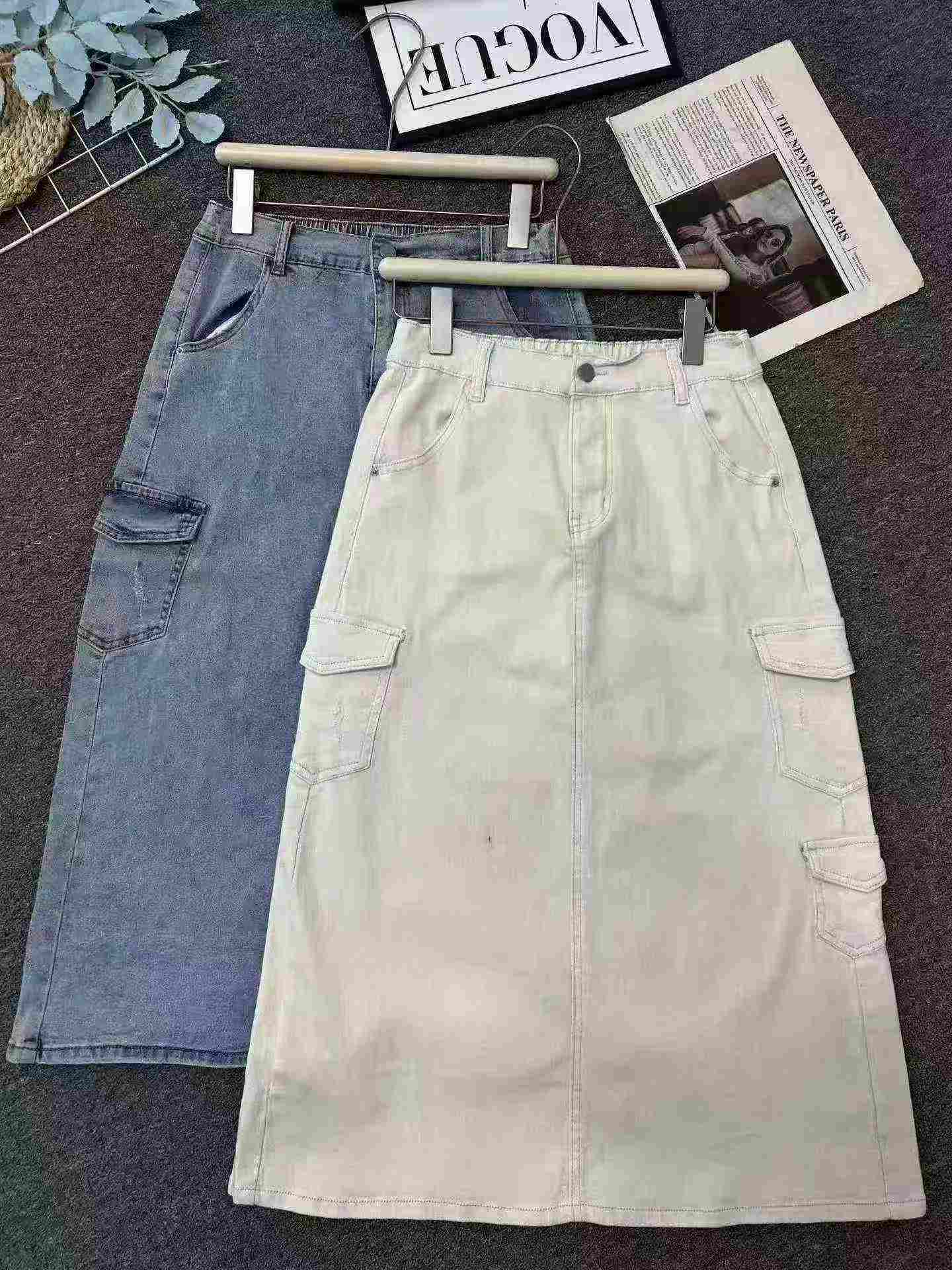 348 Pcs Women's Elastic Vintage Cargo Denim Long Split Skirt - Image 6