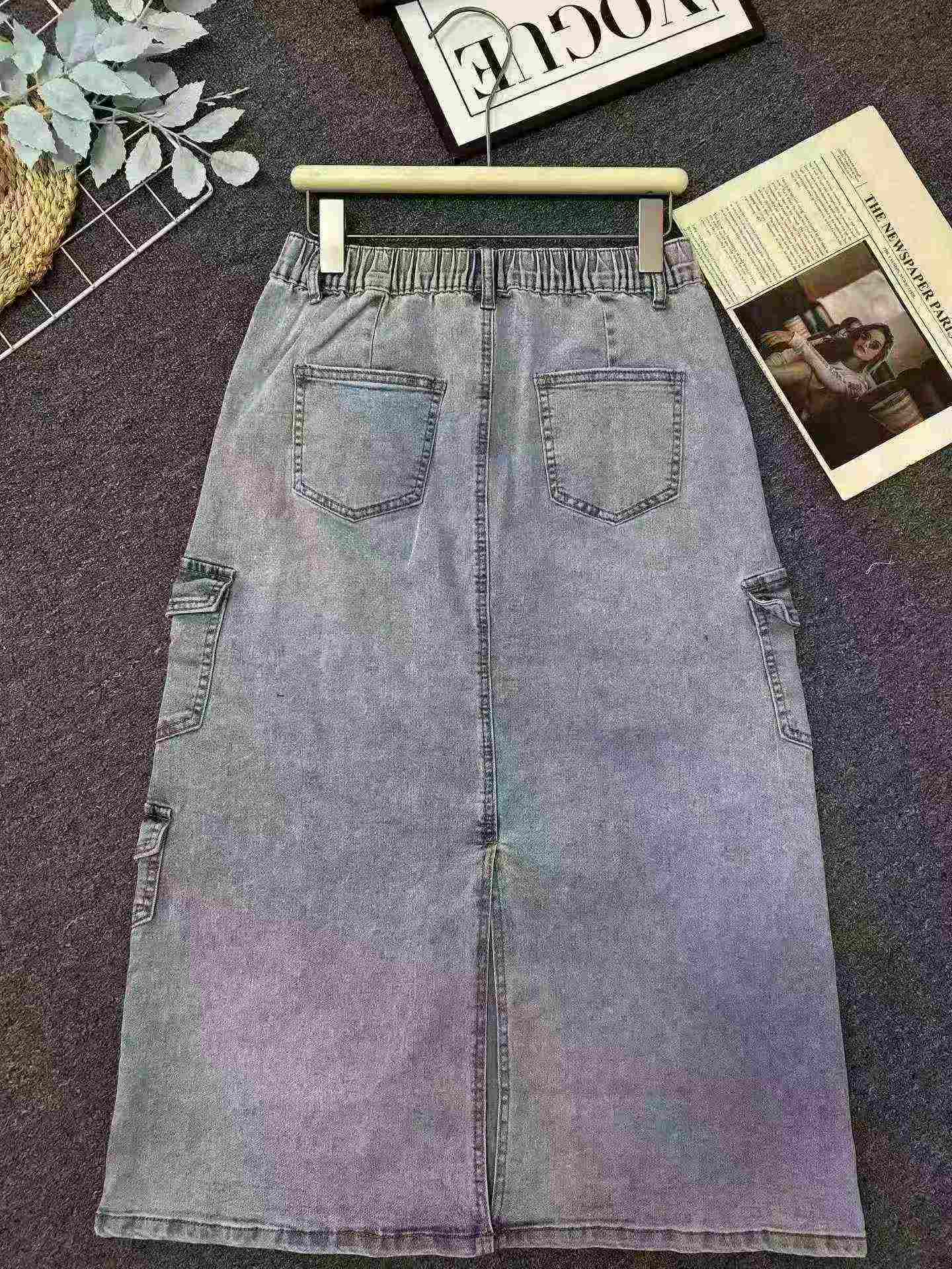 348 Pcs Women's Elastic Vintage Cargo Denim Long Split Skirt - Image 7