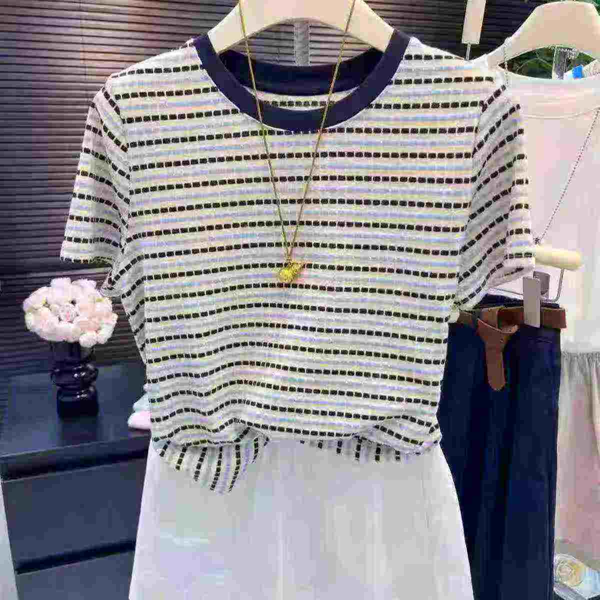 3000 Pieces Women's Summer Cotton Striped Short Sleeve T-Shirts - Image 5