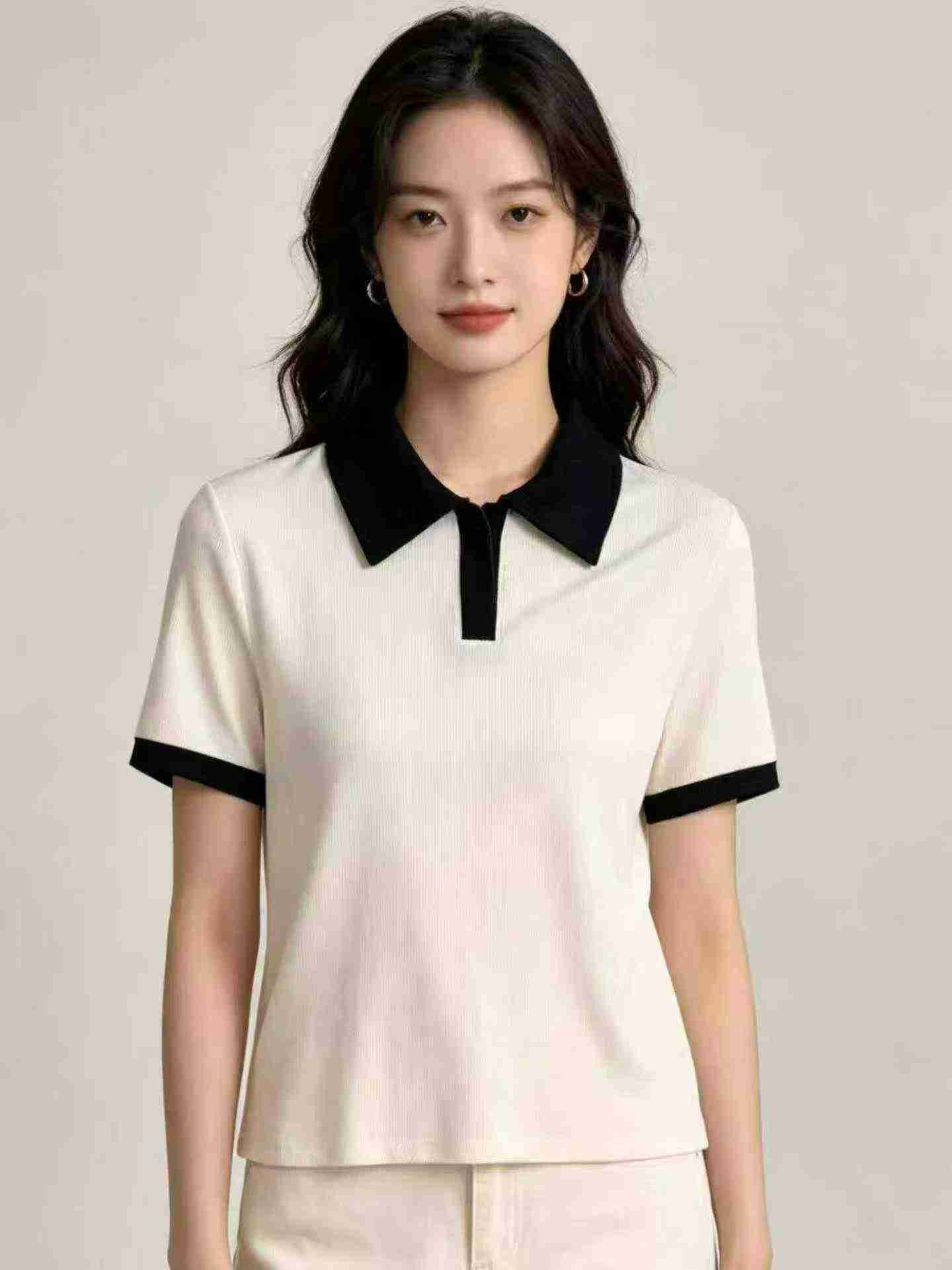 650 Pcs Atasan Lengan Pendek Slim Gaya Preppy Desain Sambung Model Dua Potong Palsu - Image 5