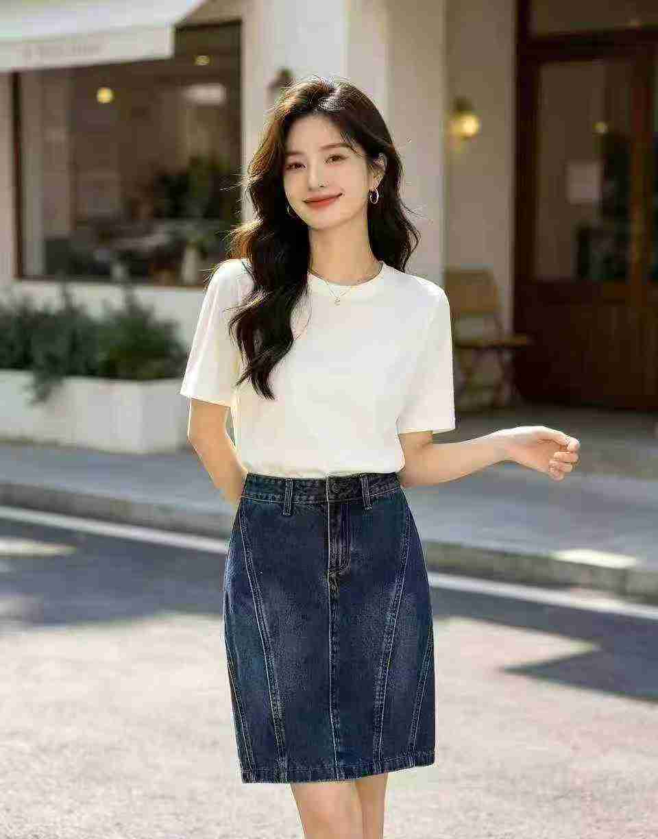 1127 Pcs Women's Vintage Blue High Waist Denim Midi Skirt - Image 2