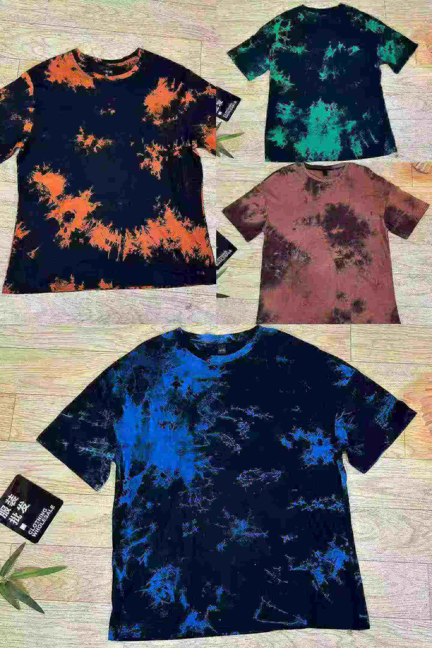Ulguji tie-dye tomchi bosma paxtali qisqa yengli katta o'lchamli kundalik futbolkalar, 1200 dona - Image 4