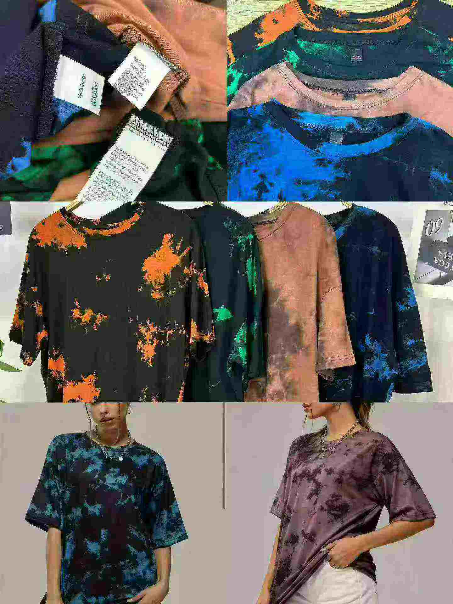 Ulguji tie-dye tomchi bosma paxtali qisqa yengli katta o'lchamli kundalik futbolkalar, 1200 dona - Image 5