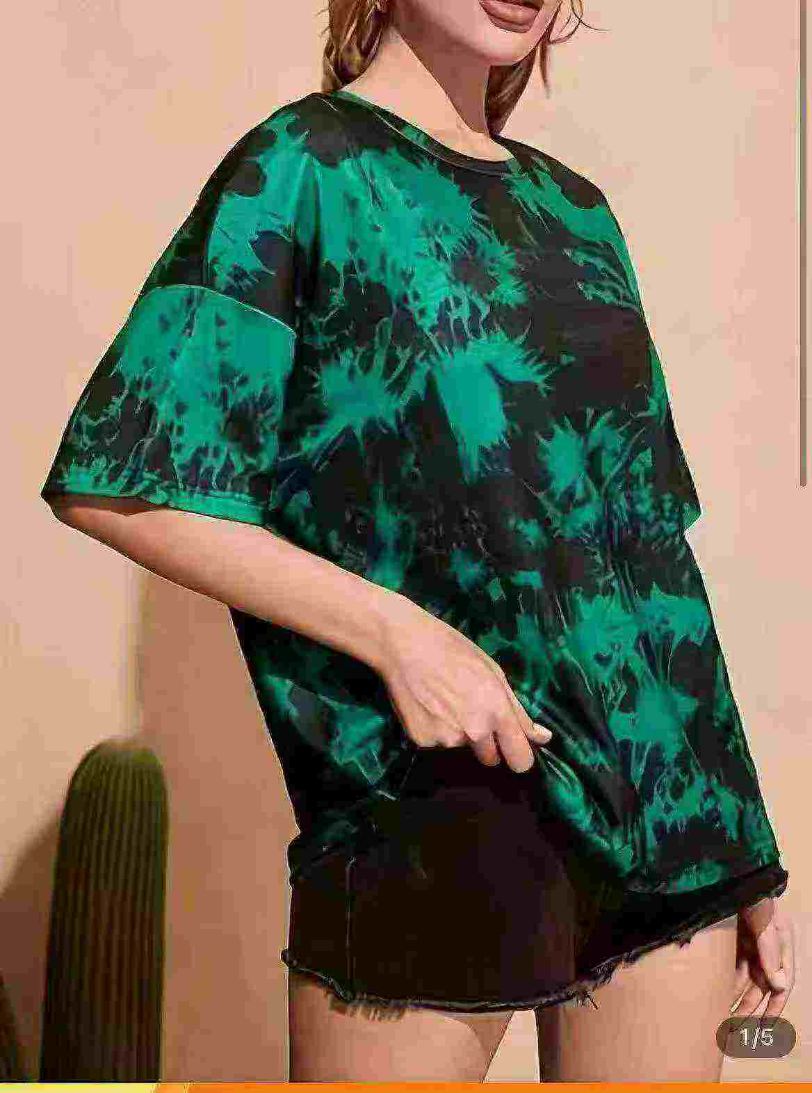Ulguji tie-dye tomchi bosma paxtali qisqa yengli katta o'lchamli kundalik futbolkalar, 1200 dona - Image 6