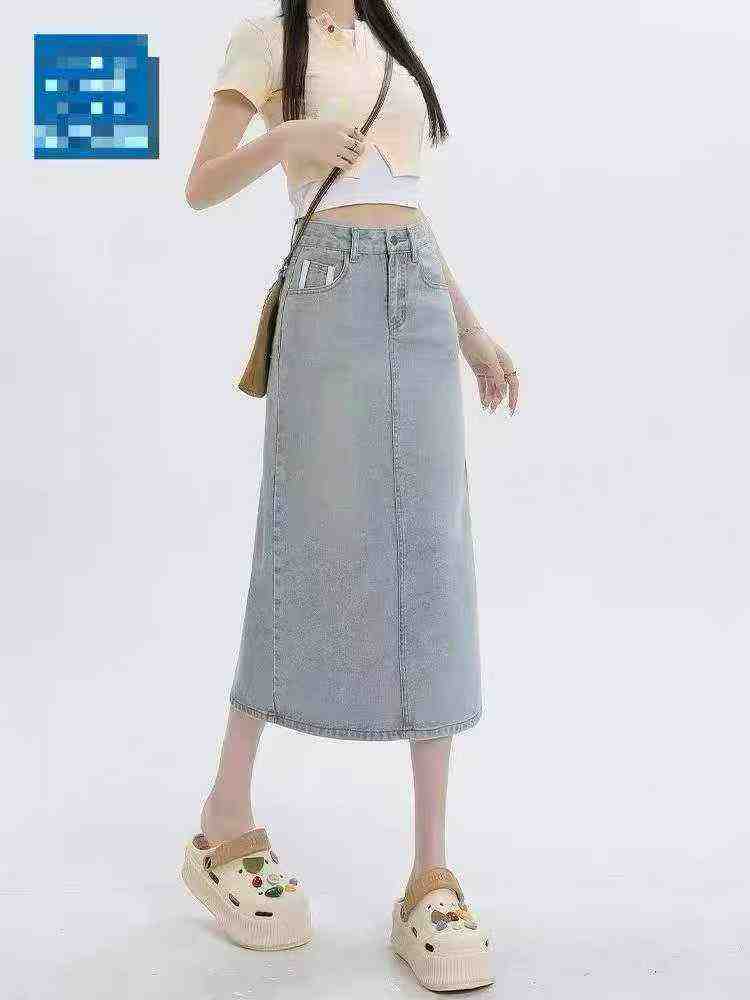 Light Color Split Embroidered Color Block High Waist Midi Denim Skirts For Women, 1300 Pieces S-2XL - Image 2