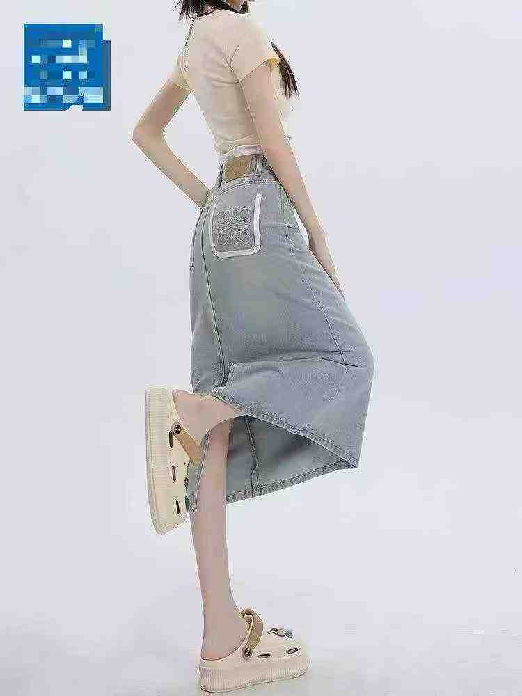 Light Color Split Embroidered Color Block High Waist Midi Denim Skirts For Women, 1300 Pieces S-2XL - Image 3