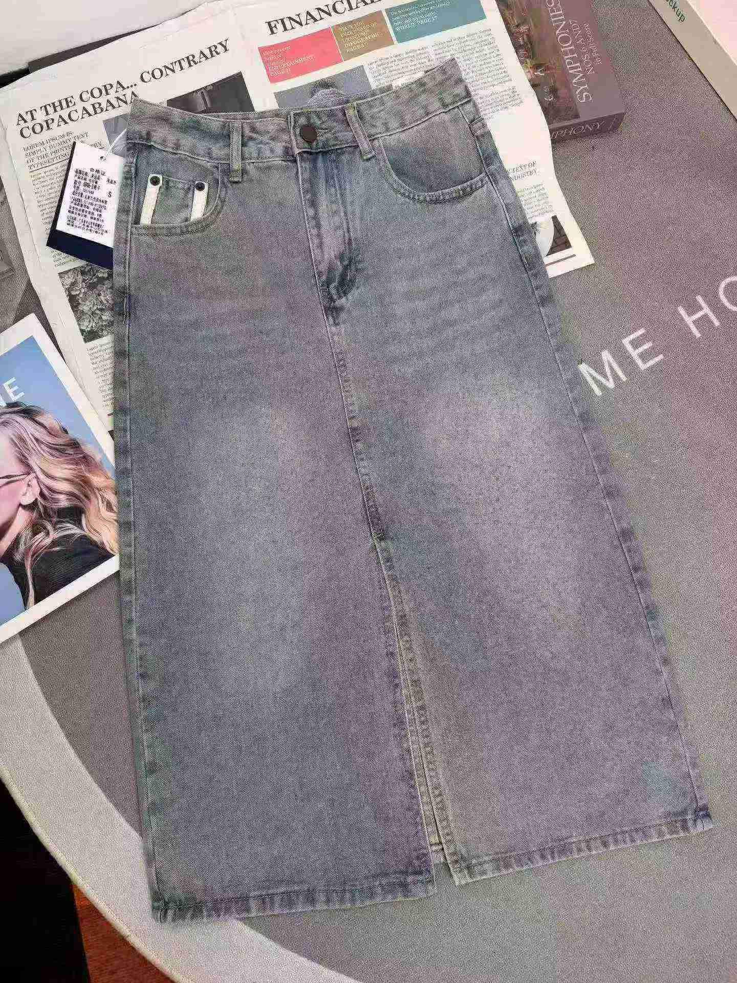 Light Color Split Embroidered Color Block High Waist Midi Denim Skirts For Women, 1300 Pieces S-2XL - Image 4