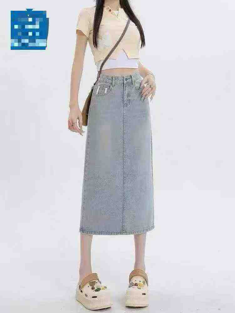 Light Color Split Embroidered Color Block High Waist Midi Denim Skirts For Women, 1300 Pieces S-2XL - Image 5
