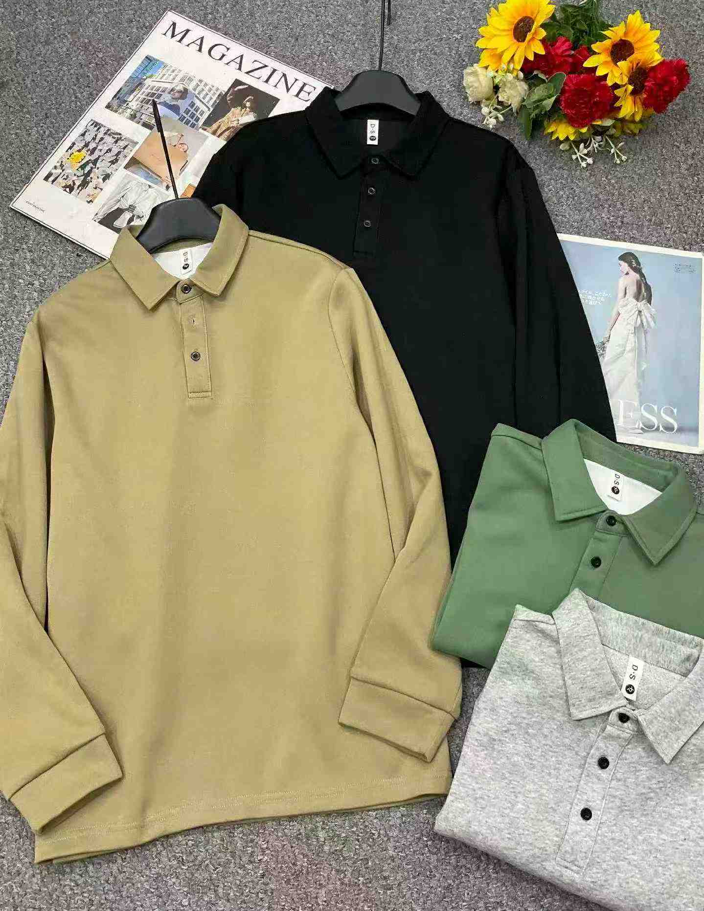 New Spring Autumn Men's Business Casual Solid Long Sleeve Polo Shirts, 5pcs Per Pack, Multi-color, Size M-4XL, Total 2008pcs - Image 2