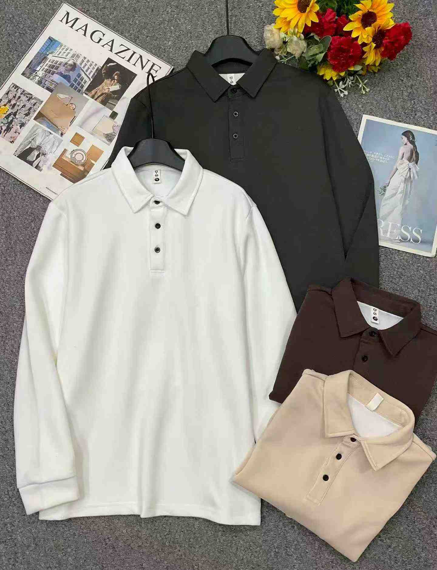 New Spring Autumn Men's Business Casual Solid Long Sleeve Polo Shirts, 5pcs Per Pack, Multi-color, Size M-4XL, Total 2008pcs - Image 3