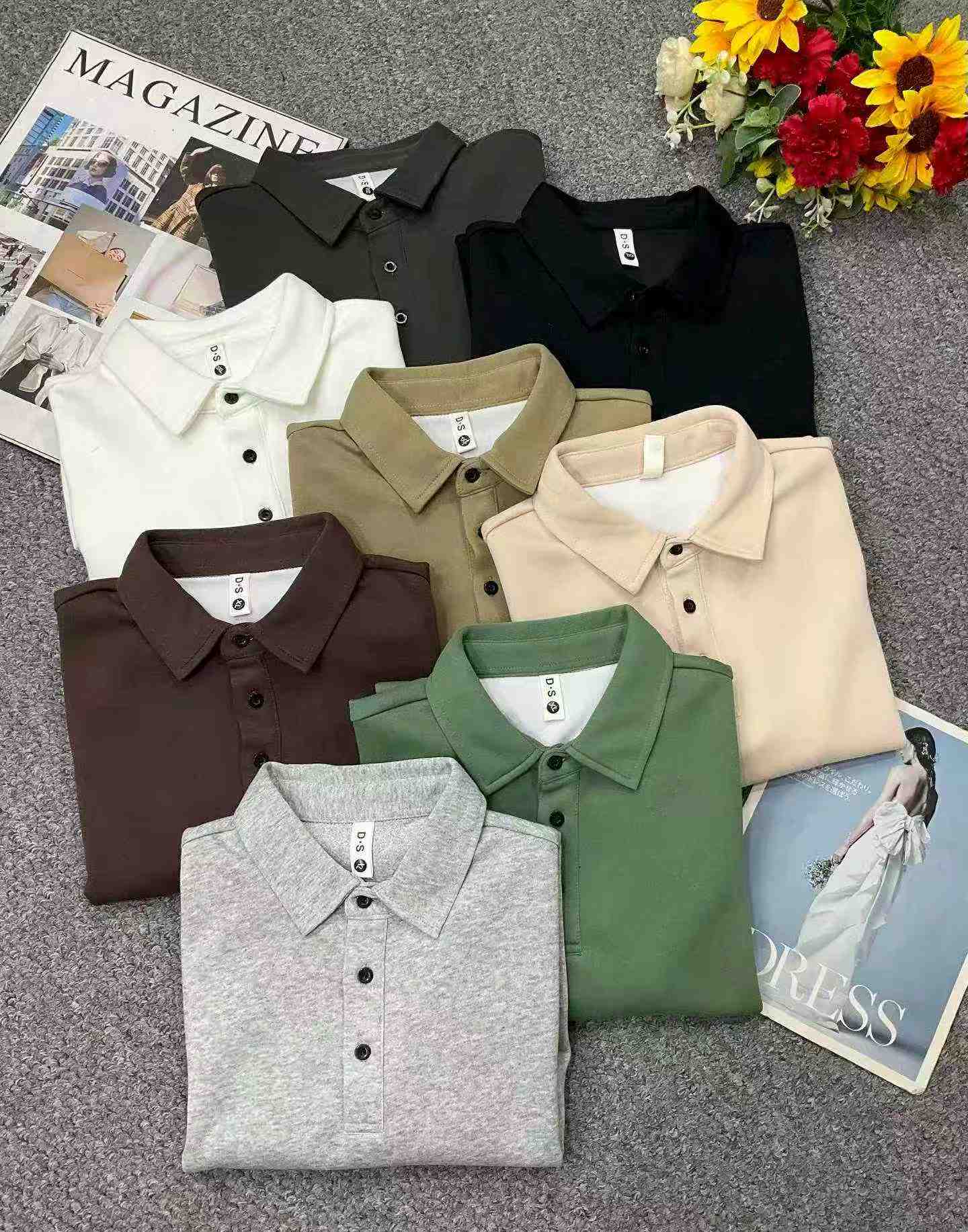 New Spring Autumn Men's Business Casual Solid Long Sleeve Polo Shirts, 5pcs Per Pack, Multi-color, Size M-4XL, Total 2008pcs - Image 7