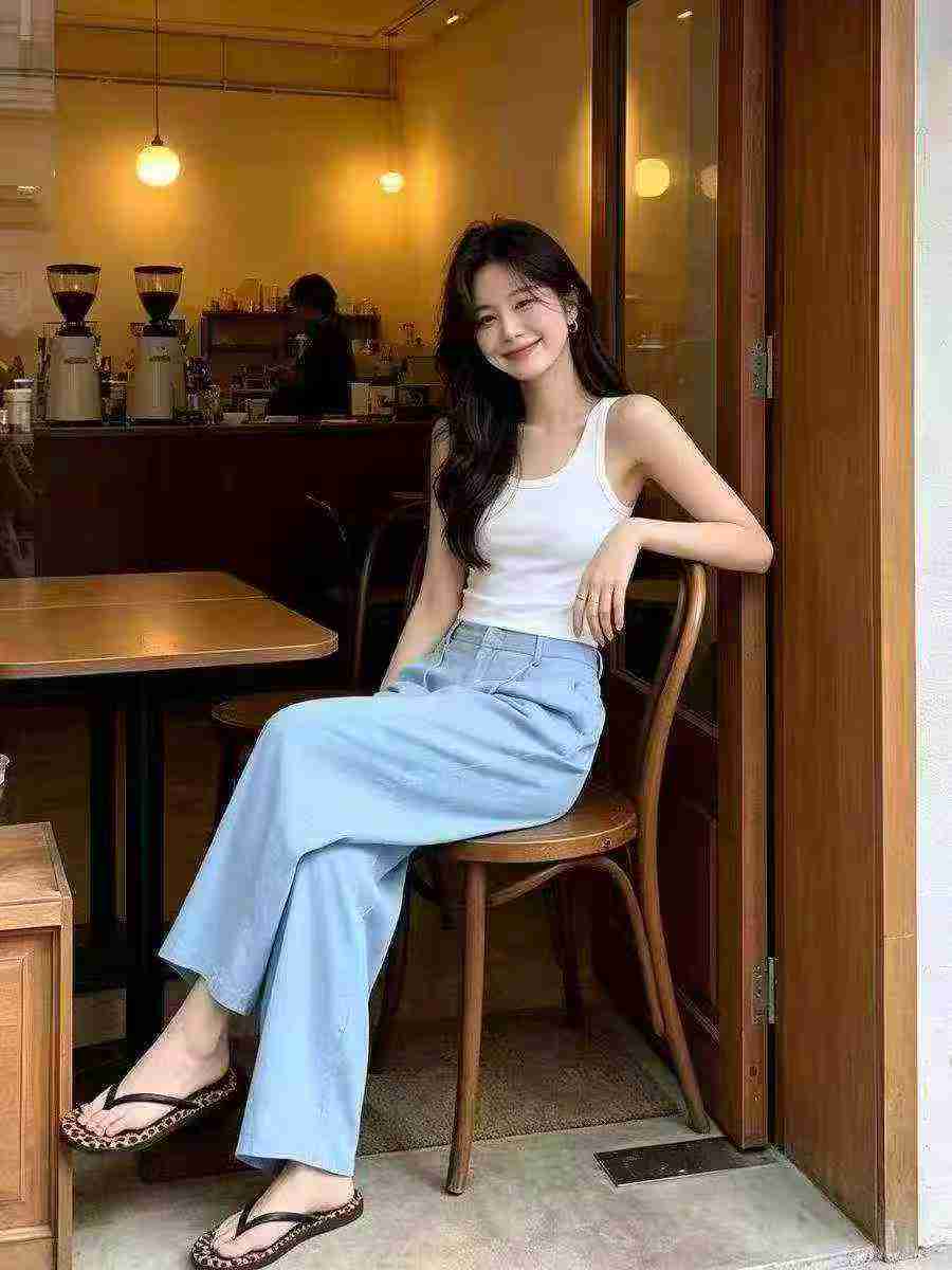 534 Dona Ayollarning Yozgi Koreyscha Yuqori Belli Tensel Cho'ziluvchan Denim Keng Oyoqli Shimlari - Image 3