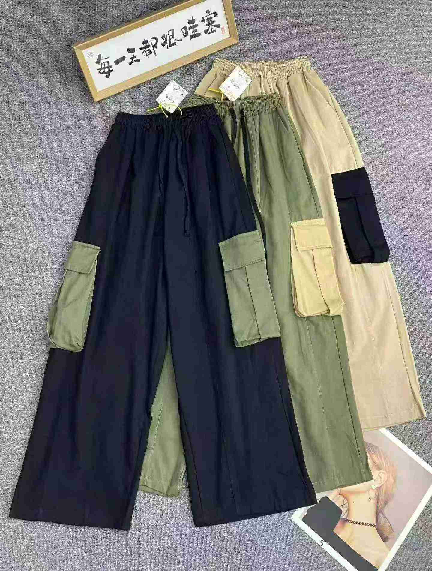 911 Peças Calças Cargo Casuais de Algodão Lavado com Blocos de Cor e Bolso - Image 2