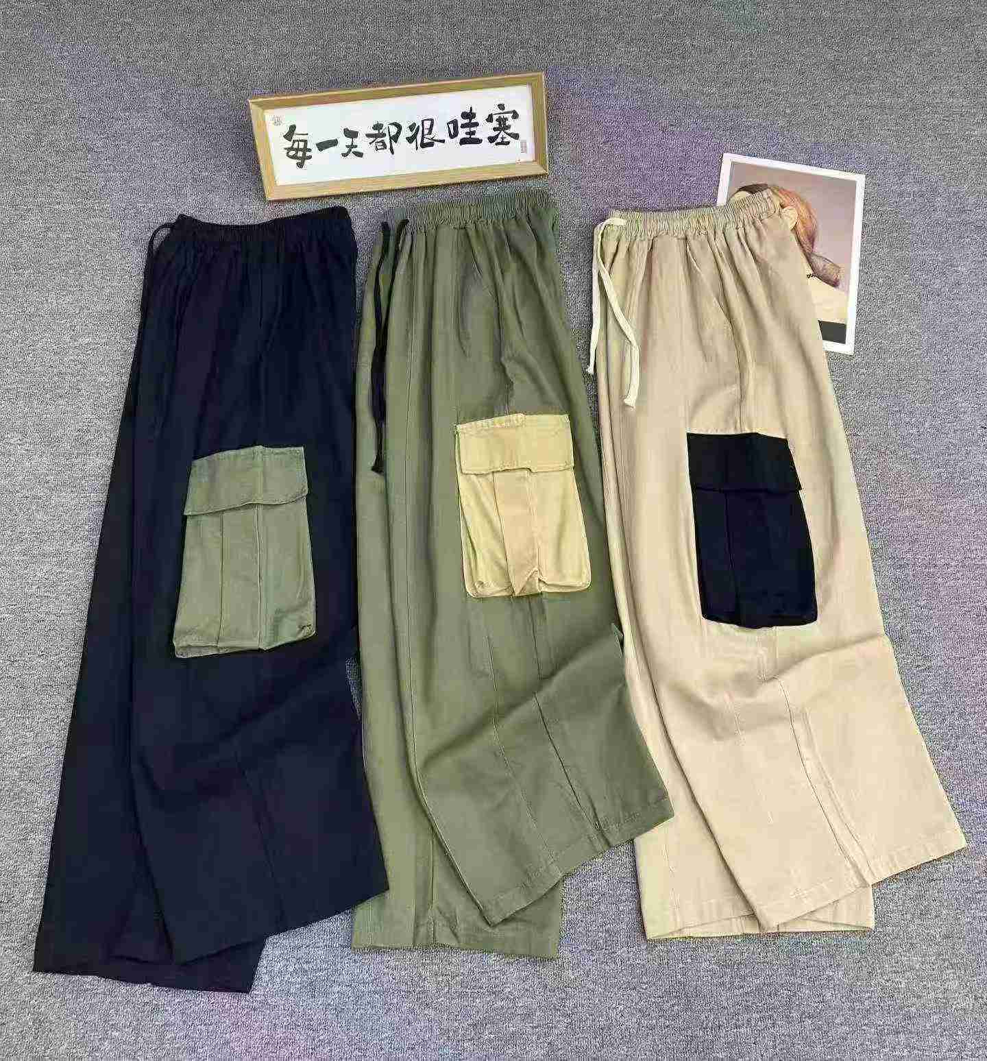 911 Peças Calças Cargo Casuais de Algodão Lavado com Blocos de Cor e Bolso - Image 4