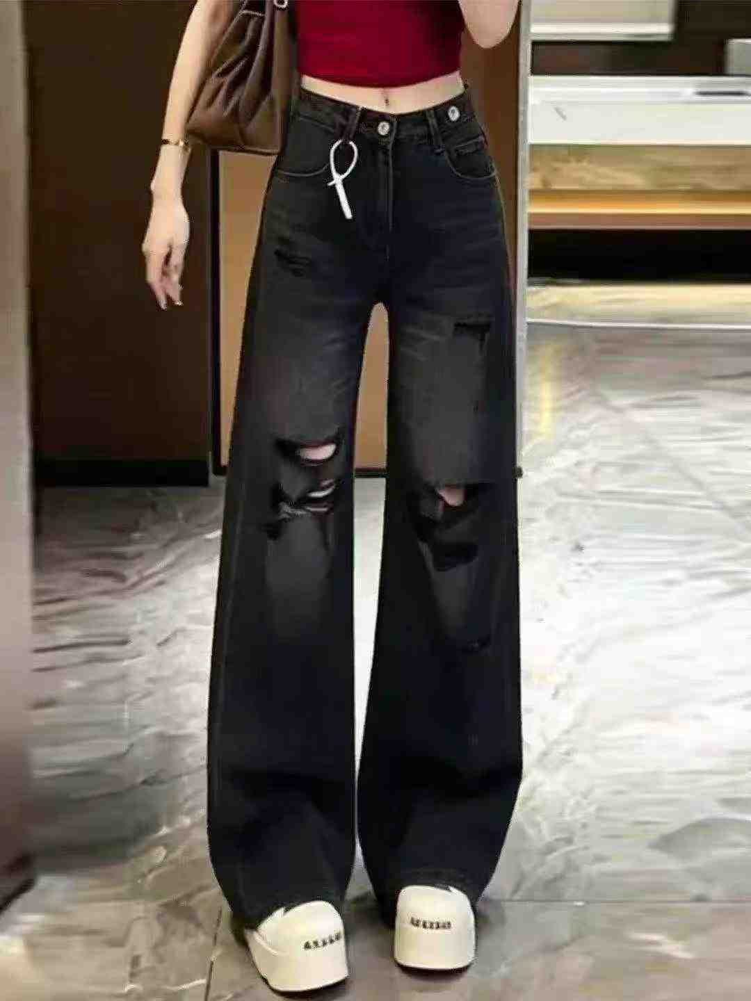 186 Piezas Nuevos Vaqueros de Mujer de Verano de Estilo Americano, Negros y Grises, Rotos, de Cintura Alta y Pierna Ancha - Image 3