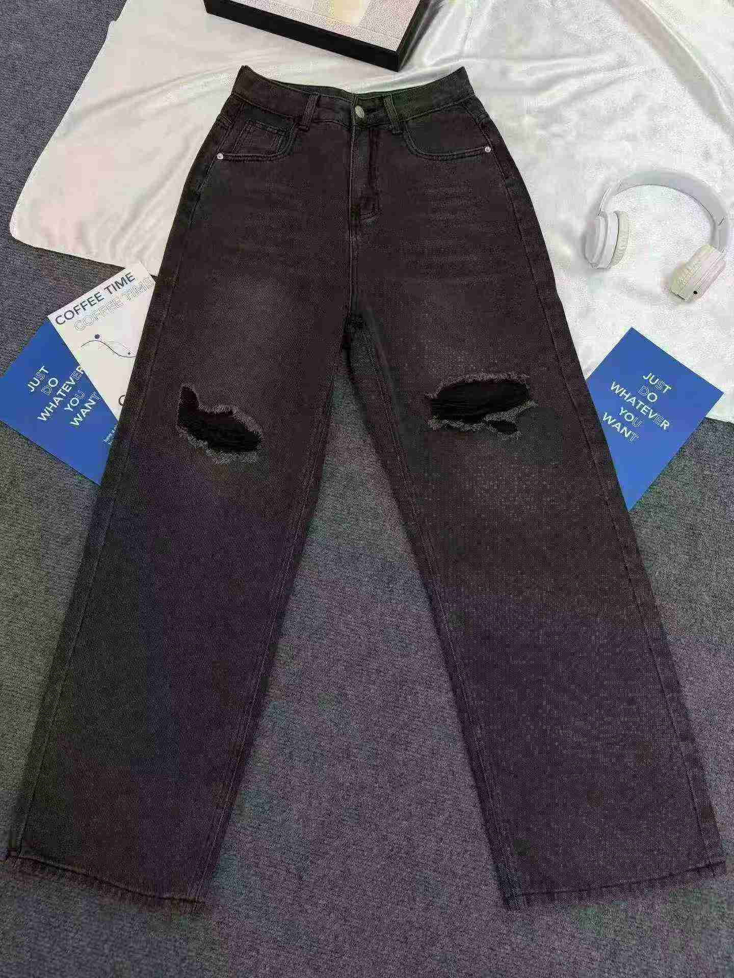 186 Piezas Nuevos Vaqueros de Mujer de Verano de Estilo Americano, Negros y Grises, Rotos, de Cintura Alta y Pierna Ancha - Image 4