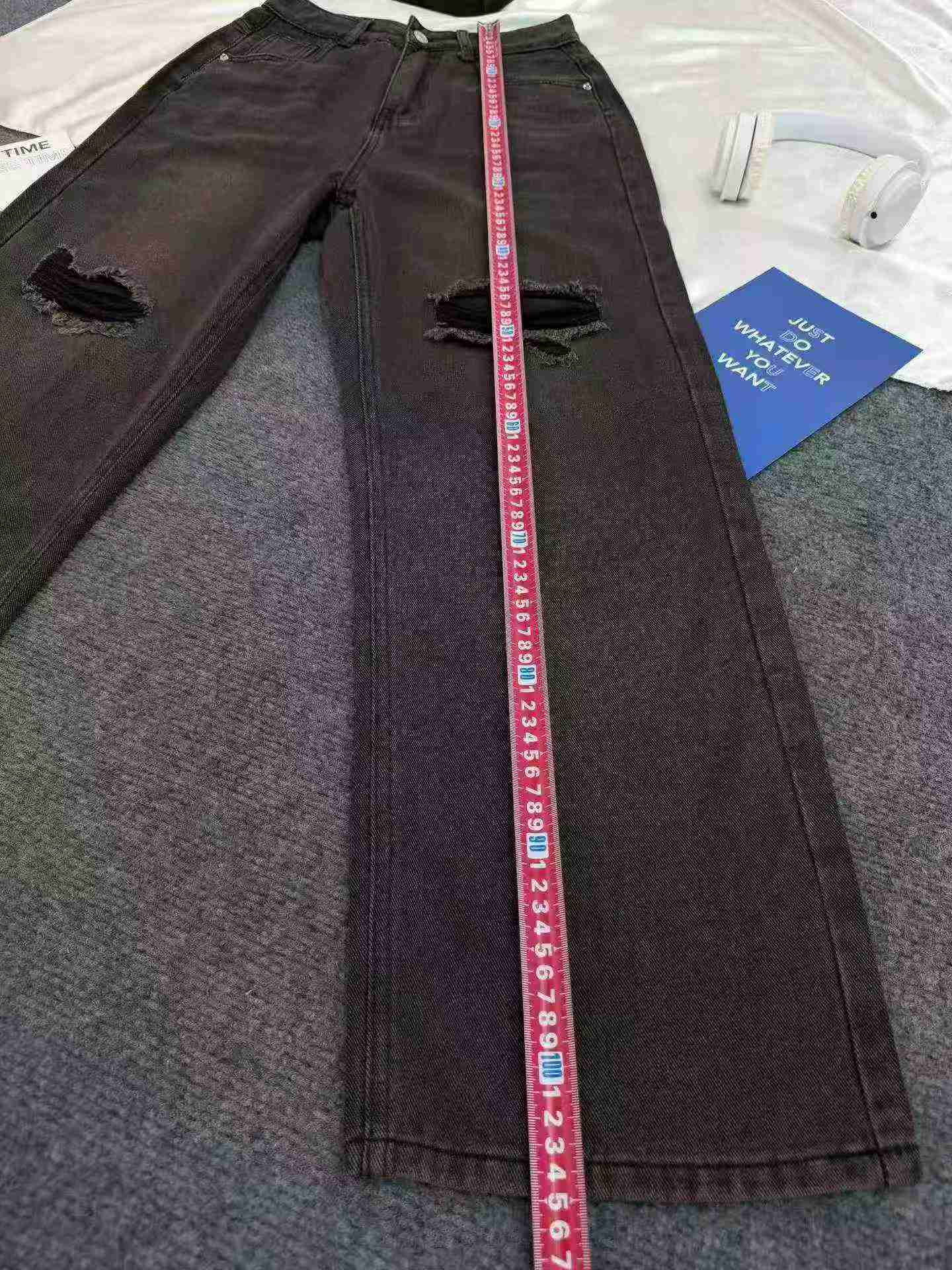 186 Piezas Nuevos Vaqueros de Mujer de Verano de Estilo Americano, Negros y Grises, Rotos, de Cintura Alta y Pierna Ancha - Image 5