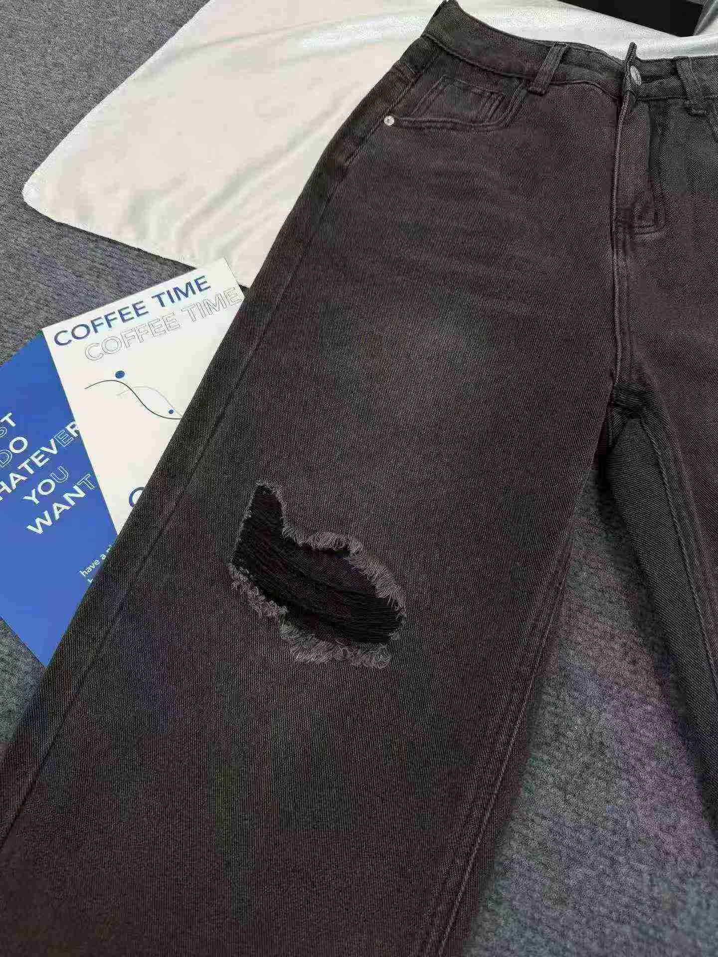 186 Piezas Nuevos Vaqueros de Mujer de Verano de Estilo Americano, Negros y Grises, Rotos, de Cintura Alta y Pierna Ancha - Image 8