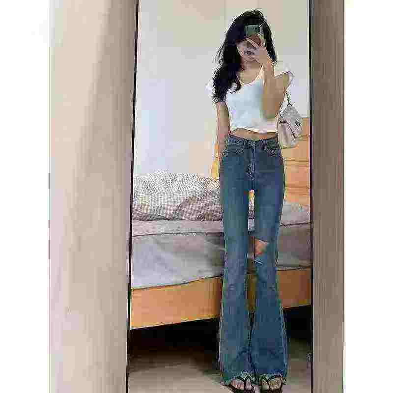 About 260 Pcs High Quality Spring Autumn American Retro Frayed High Waist Flared Floor-length Jeans S-XL - Image 2