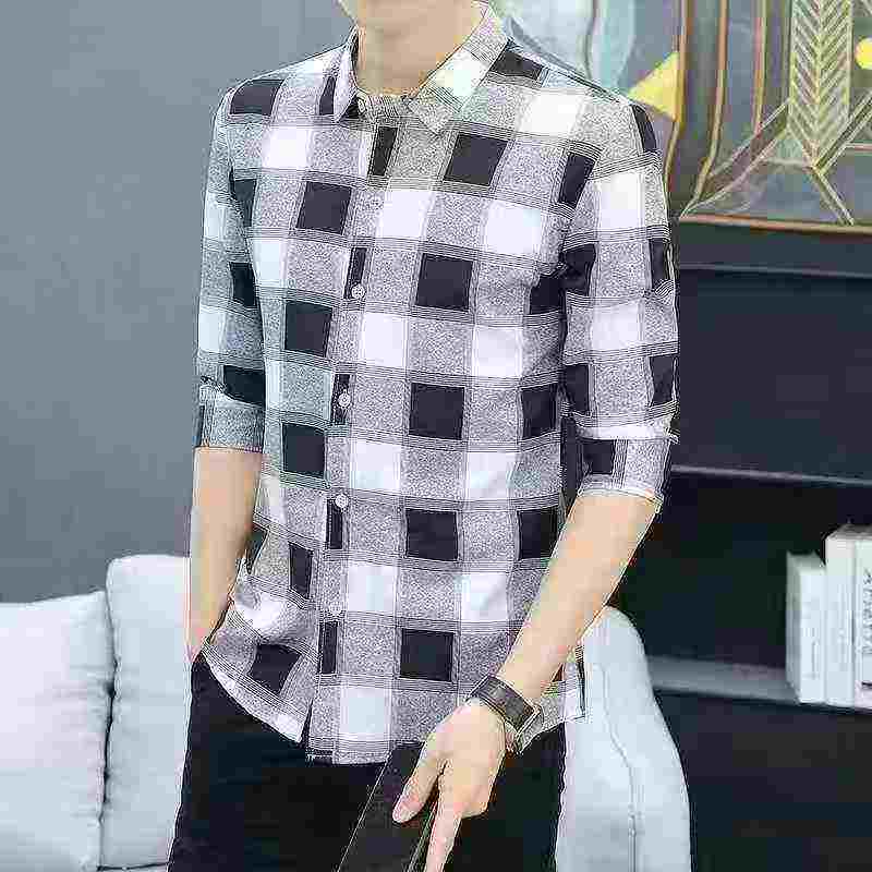 Camisa entallada de manga larga a cuadros de seda de hielo para hombre, 550 unidades en stock - Image 2