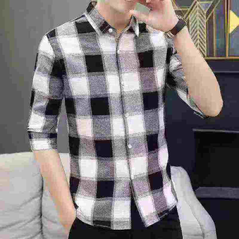 Camisa entallada de manga larga a cuadros de seda de hielo para hombre, 550 unidades en stock - Image 3