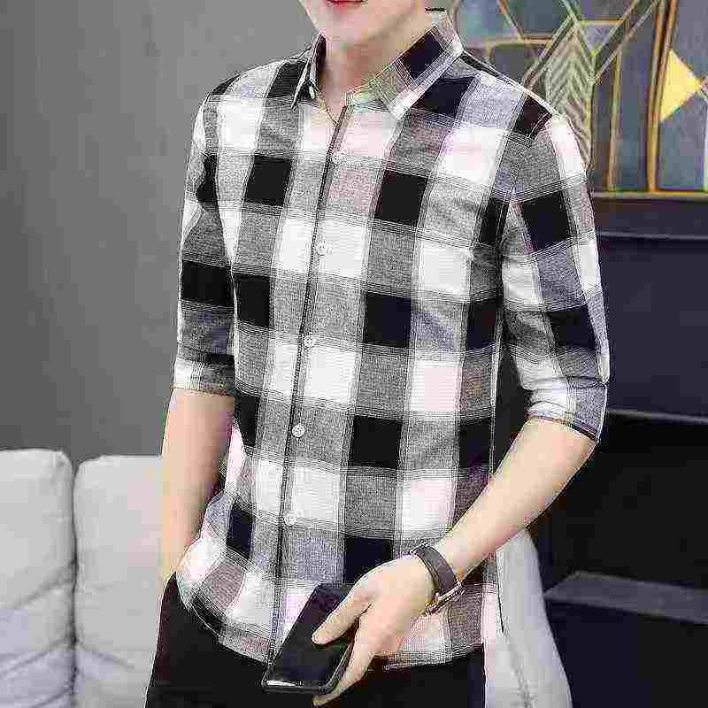 Camisa entallada de manga larga a cuadros de seda de hielo para hombre, 550 unidades en stock - Image 7