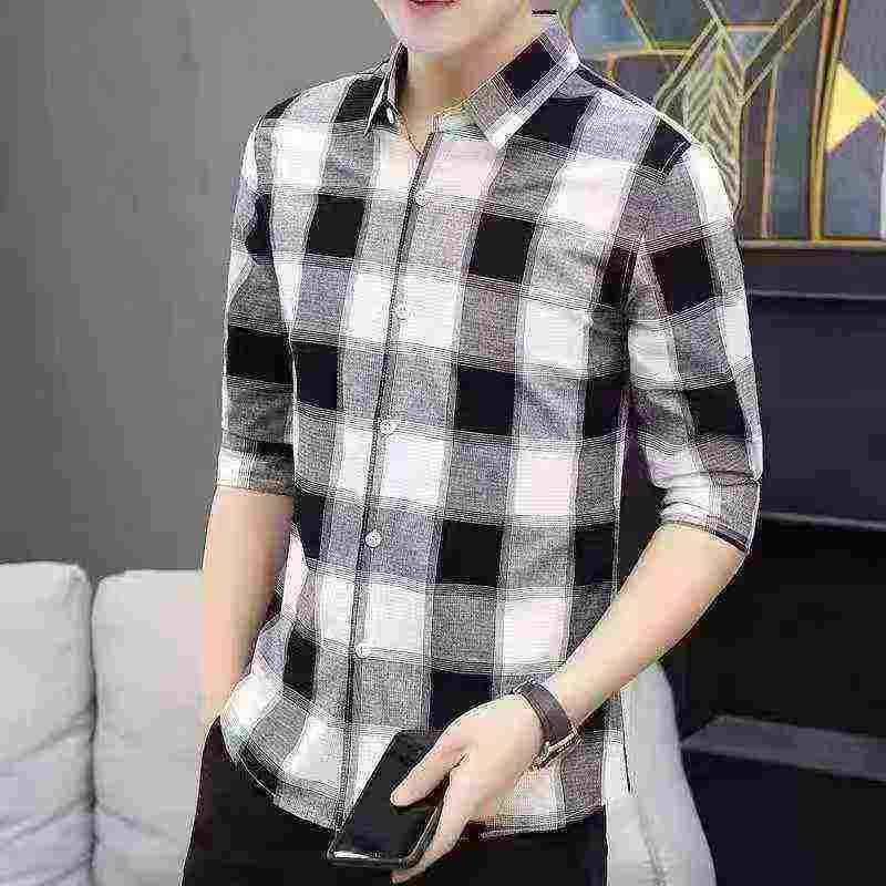 Camisa entallada de manga larga a cuadros de seda de hielo para hombre, 550 unidades en stock - Image 8
