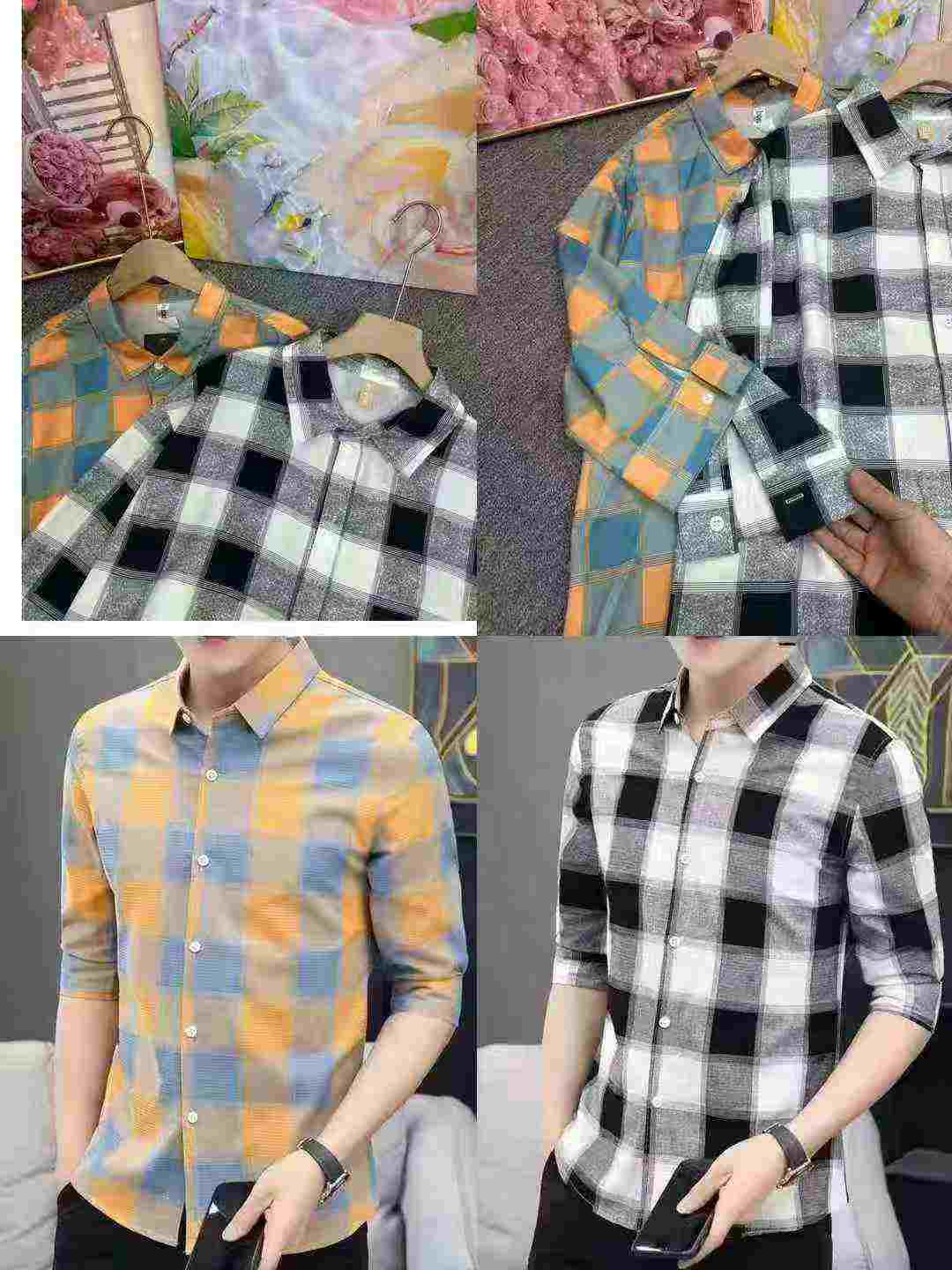 Camisa entallada de manga larga a cuadros de seda de hielo para hombre, 550 unidades en stock - Image 9