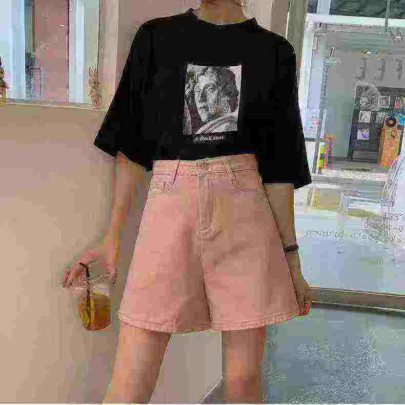 Around 128pcs High Quality Women's High Waist Slim Pink Denim Shorts - Image 2