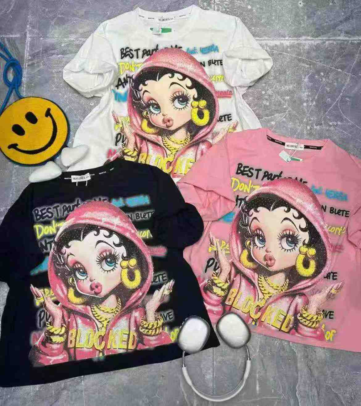 6000 Pcs Heavy Rhinestone Cartoon Print Loose Cotton Short Sleeve T-shirts - Image 2