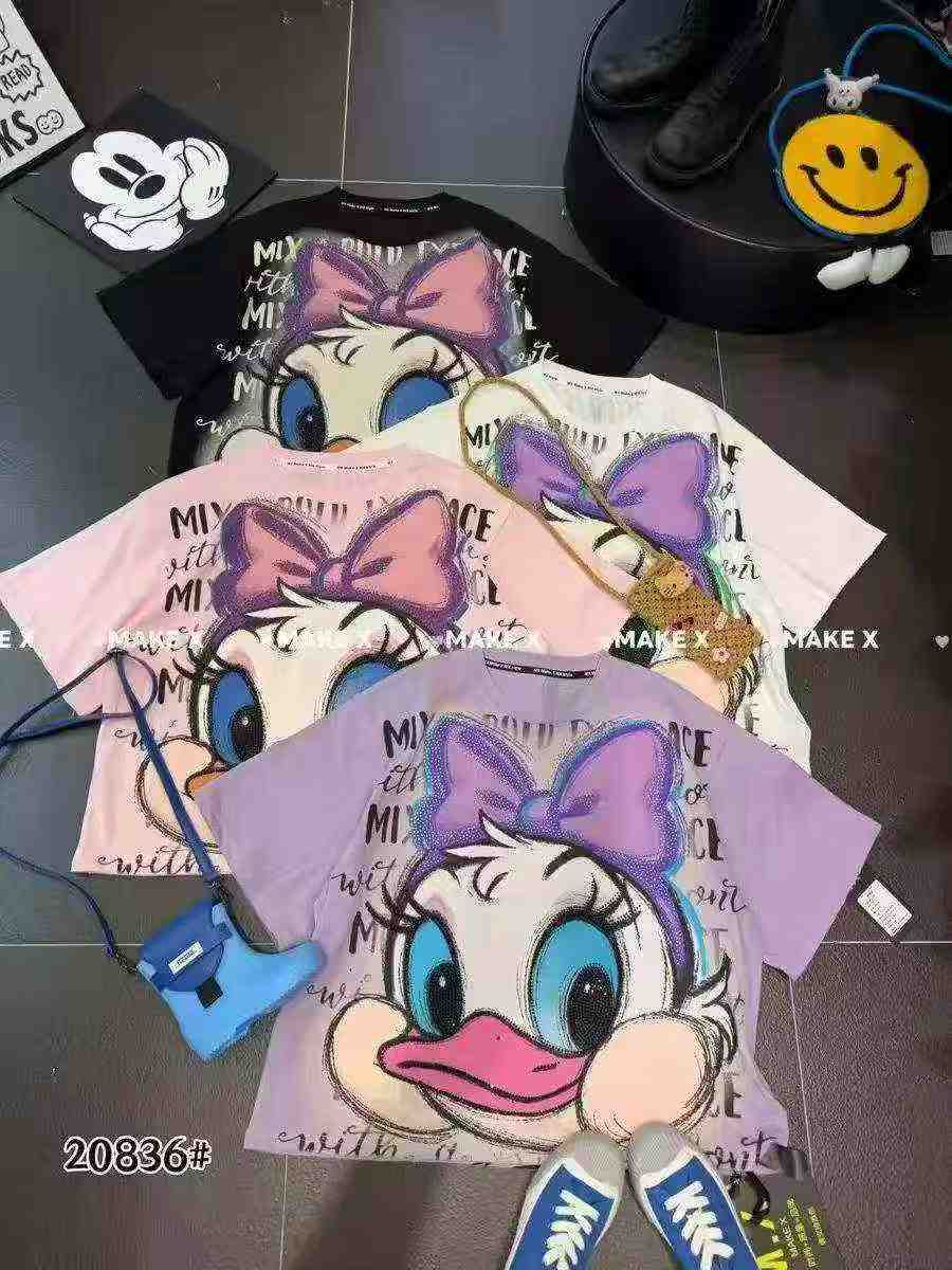 6000 Pcs Heavy Rhinestone Cartoon Print Loose Cotton Short Sleeve T-shirts - Image 3