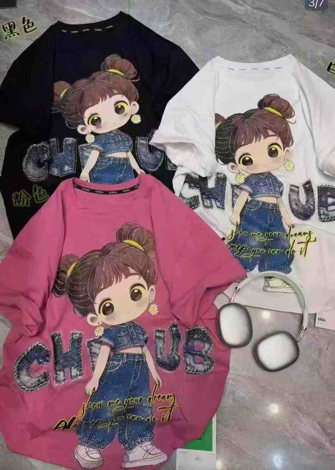 6000 Pcs Heavy Rhinestone Cartoon Print Loose Cotton Short Sleeve T-shirts - Image 5