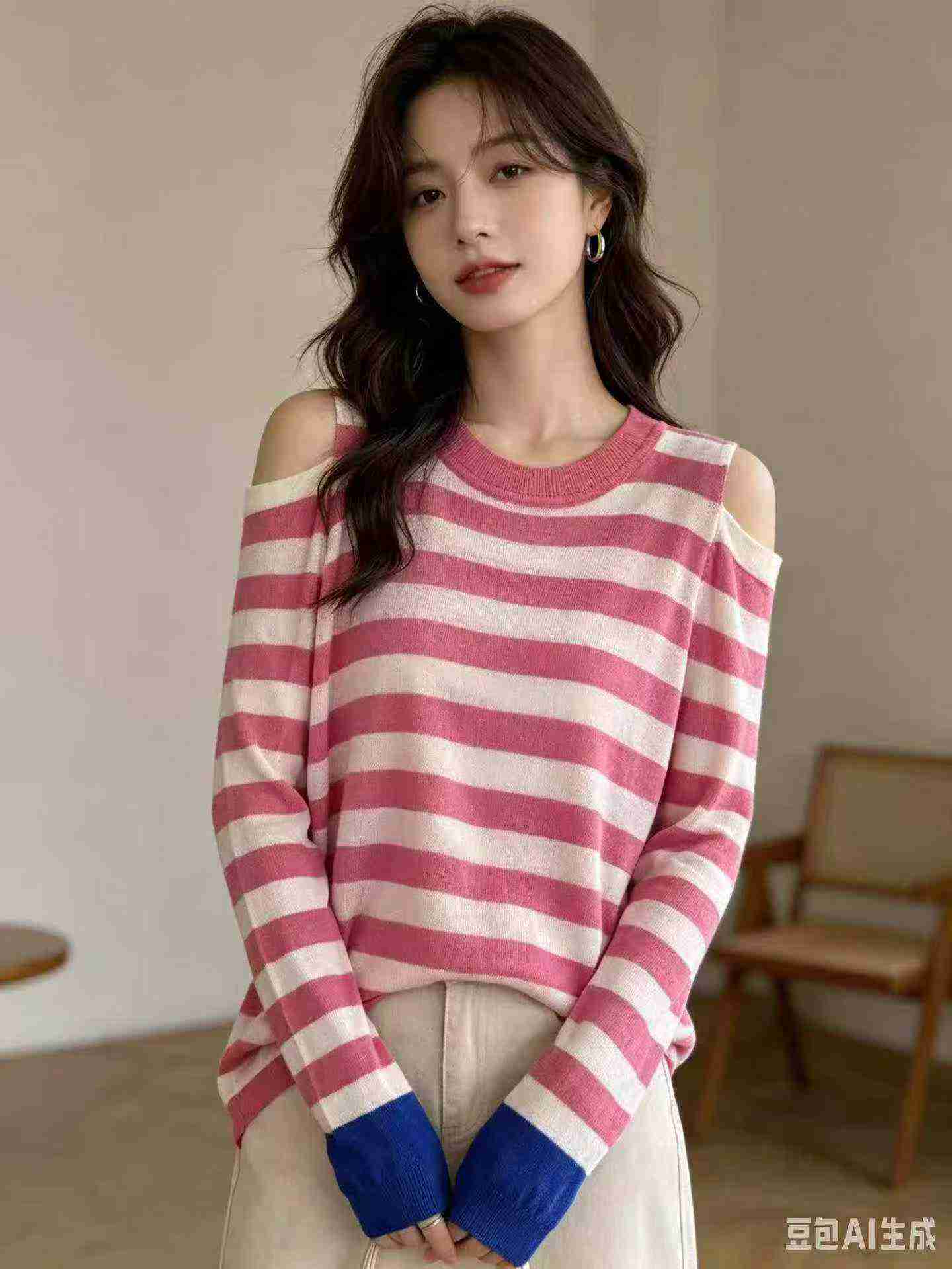 Off-shoulder Loose Striped Knit Tops, About 600 Pieces - Image 2
