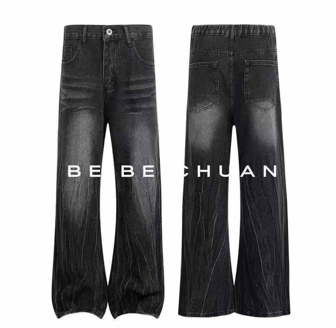 Jeans droit micro-évasé noir pour hommes à motif d'éclairs, ceinture semi-élastique, 161 pièces - Image 7