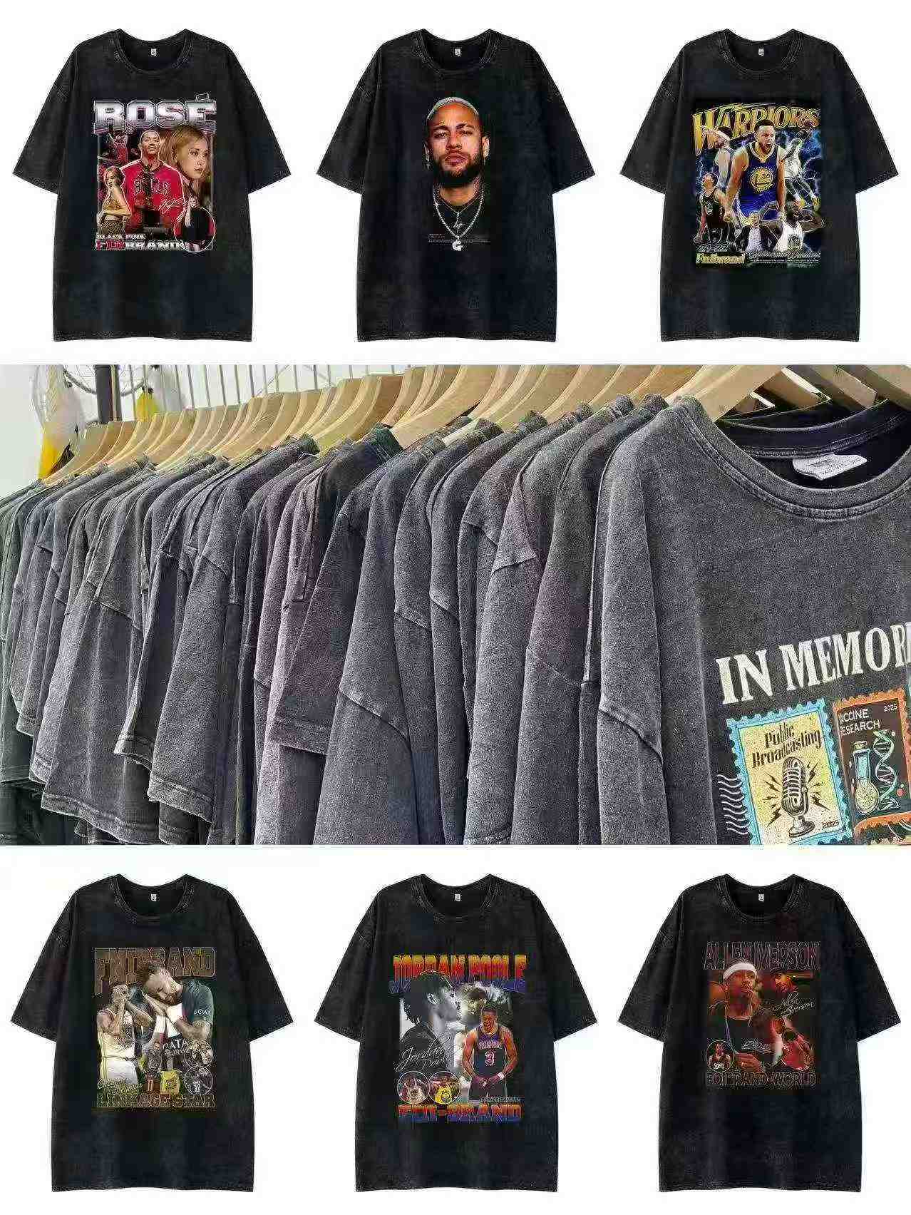 Kaos Lengan Pendek Pria Katun Hitam Vintage Distres, Total 4181 Potong - Image 2