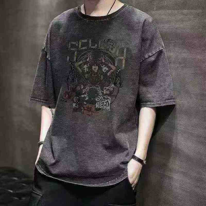 Kaos Lengan Pendek Pria Katun Hitam Vintage Distres, Total 4181 Potong - Image 4