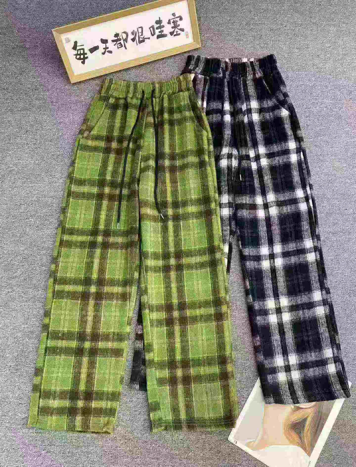 117 Piezas Pantalones Casuales de Lana a Cuadros Estilo Vintage Relajado - Image 2