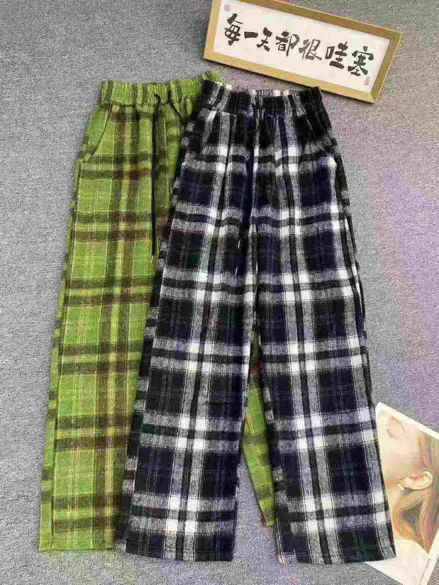 117 Piezas Pantalones Casuales de Lana a Cuadros Estilo Vintage Relajado - Image 3