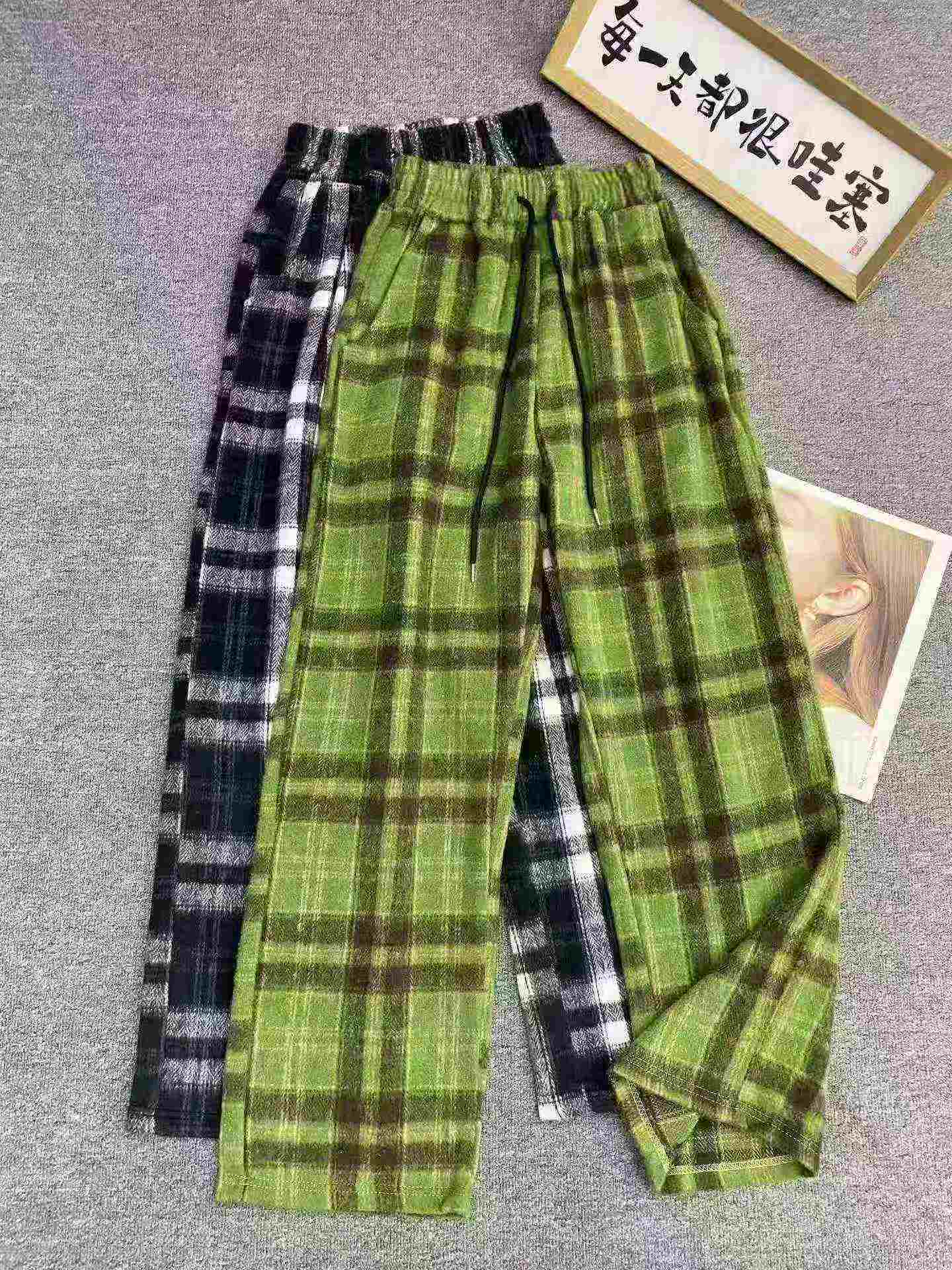 117 Piezas Pantalones Casuales de Lana a Cuadros Estilo Vintage Relajado - Image 4