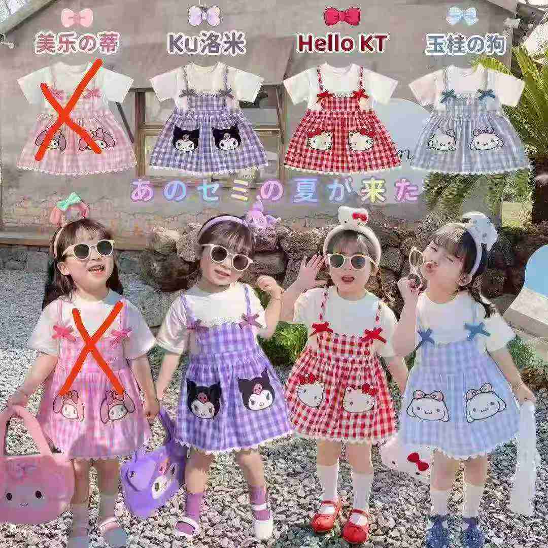 Vestido de tirantes falso dos piezas para bebé niña de verano con estampado de cuadros de dibujos animados, aproximadamente 1500 unidades - Image 2
