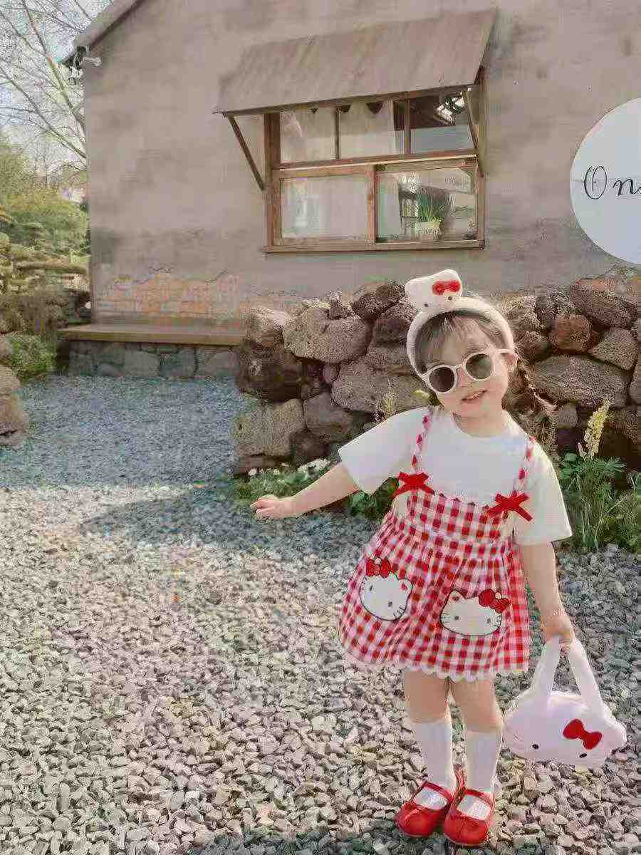Vestido de tirantes falso dos piezas para bebé niña de verano con estampado de cuadros de dibujos animados, aproximadamente 1500 unidades - Image 3