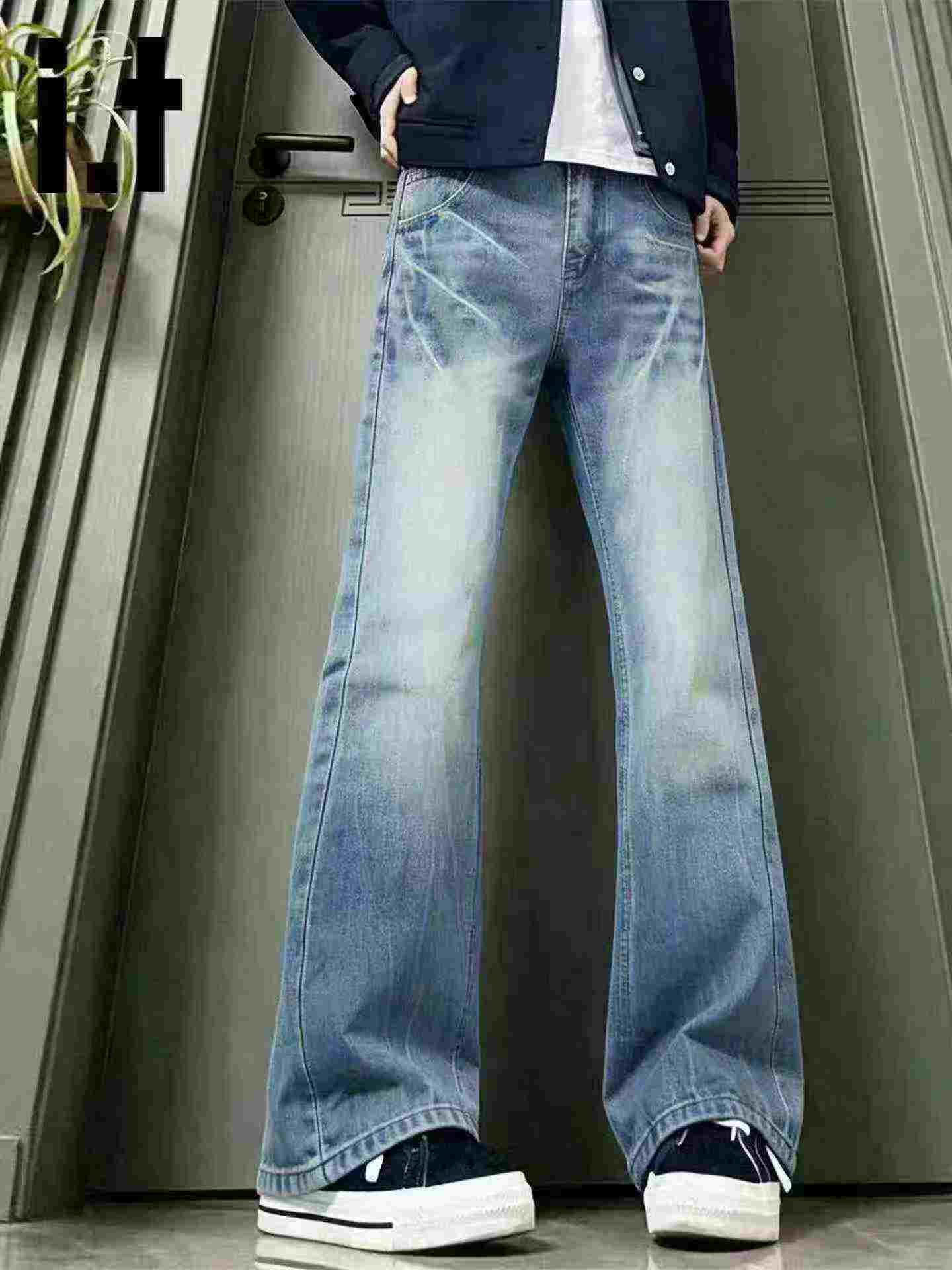 Jeans évasés amples d'été pour homme, style High Street américain délavé à motif éclair, 225 pièces - Image 8