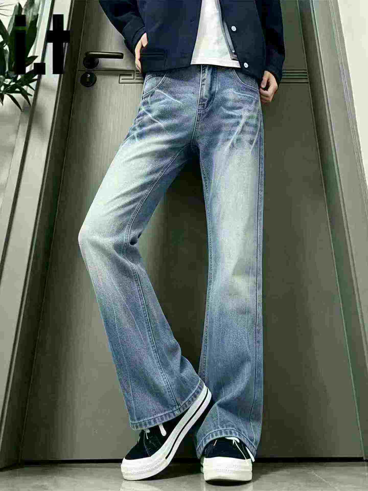 Jeans évasés amples d'été pour homme, style High Street américain délavé à motif éclair, 225 pièces - Image 9