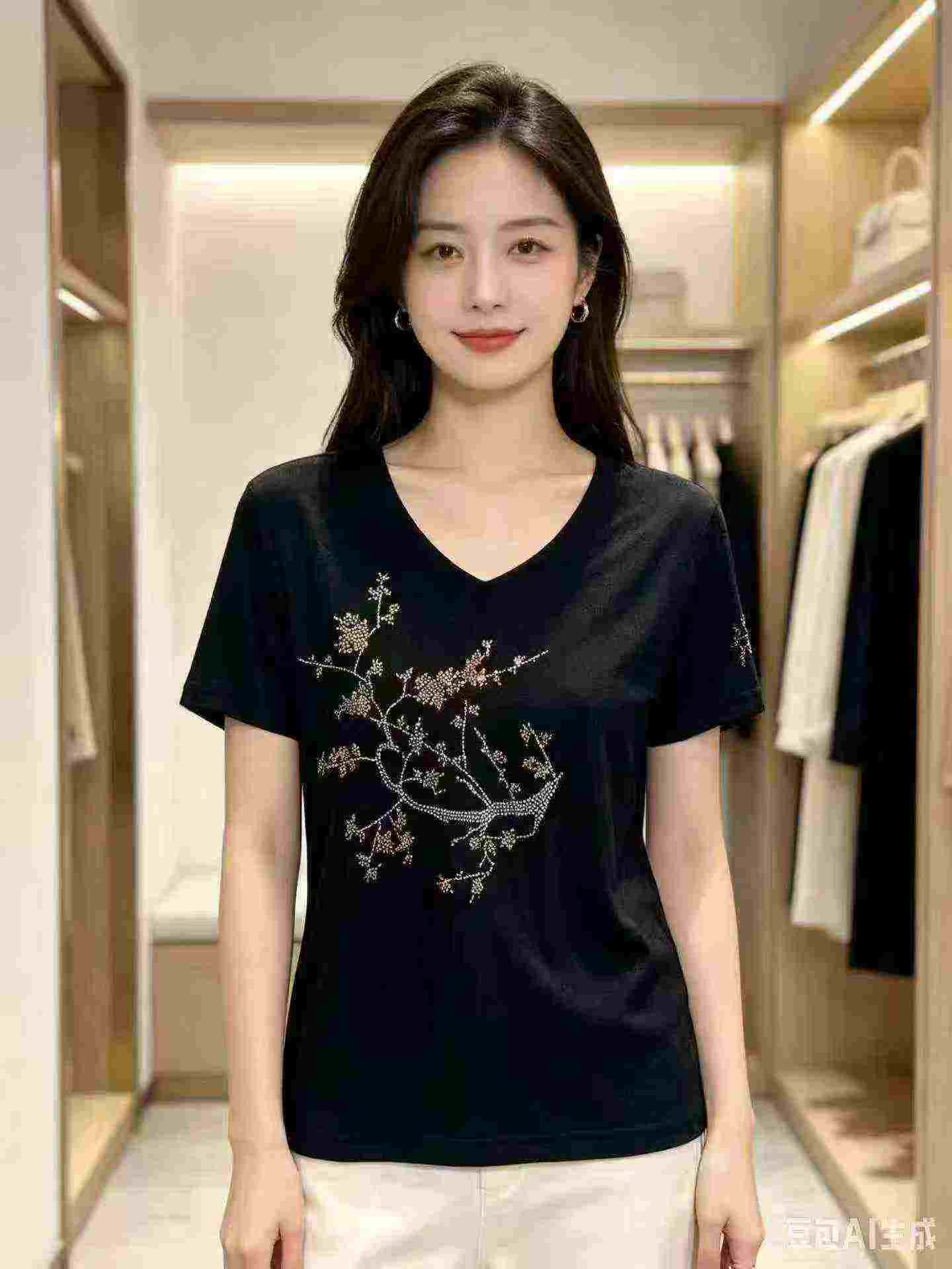 Sekitar 1200 Pcs Kaos Lengan Pendek Leher V Motif Plum Berlian Emas - Image 2