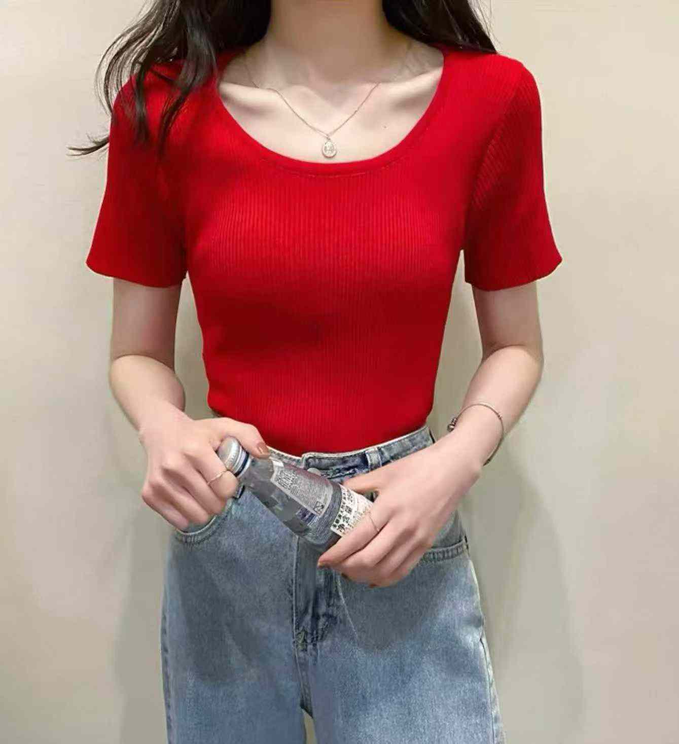 Baju Rajut Lengan Pendek Leher Bulat Polos Slim Fit Musim Panas 430 Potong - Image 5