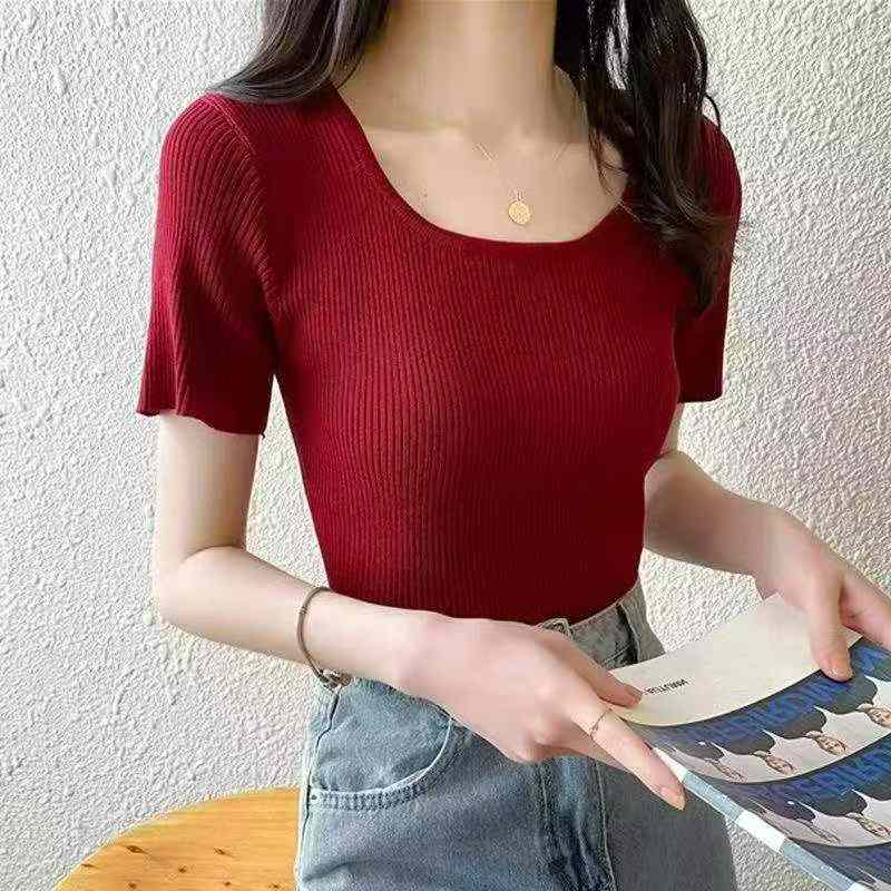 Baju Rajut Lengan Pendek Leher Bulat Polos Slim Fit Musim Panas 430 Potong - Image 6